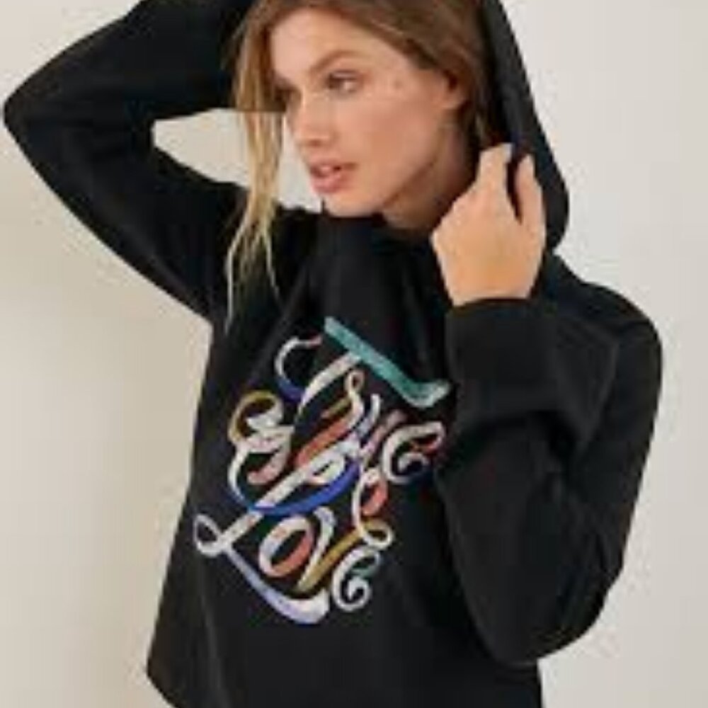 Anthropologie Super Nice Letters True Love‎ Cropped Graphic Hoodie Black Size Sm